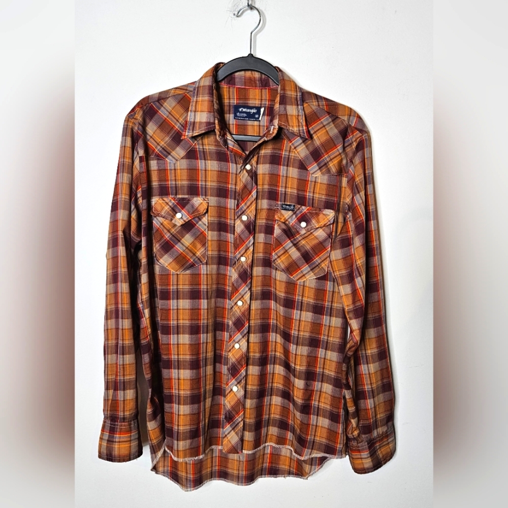 Wrangler Retro Pearl Snap Brown Orange Plaid Casual Button Down Shirt Womens Med